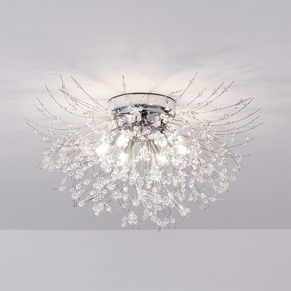 FETCOI, Modern Firework Chandeliers Crystal Ceiling Light Dandelion LED Pendant Light Fixture Hanging Lamp(8 Lights, Silver)