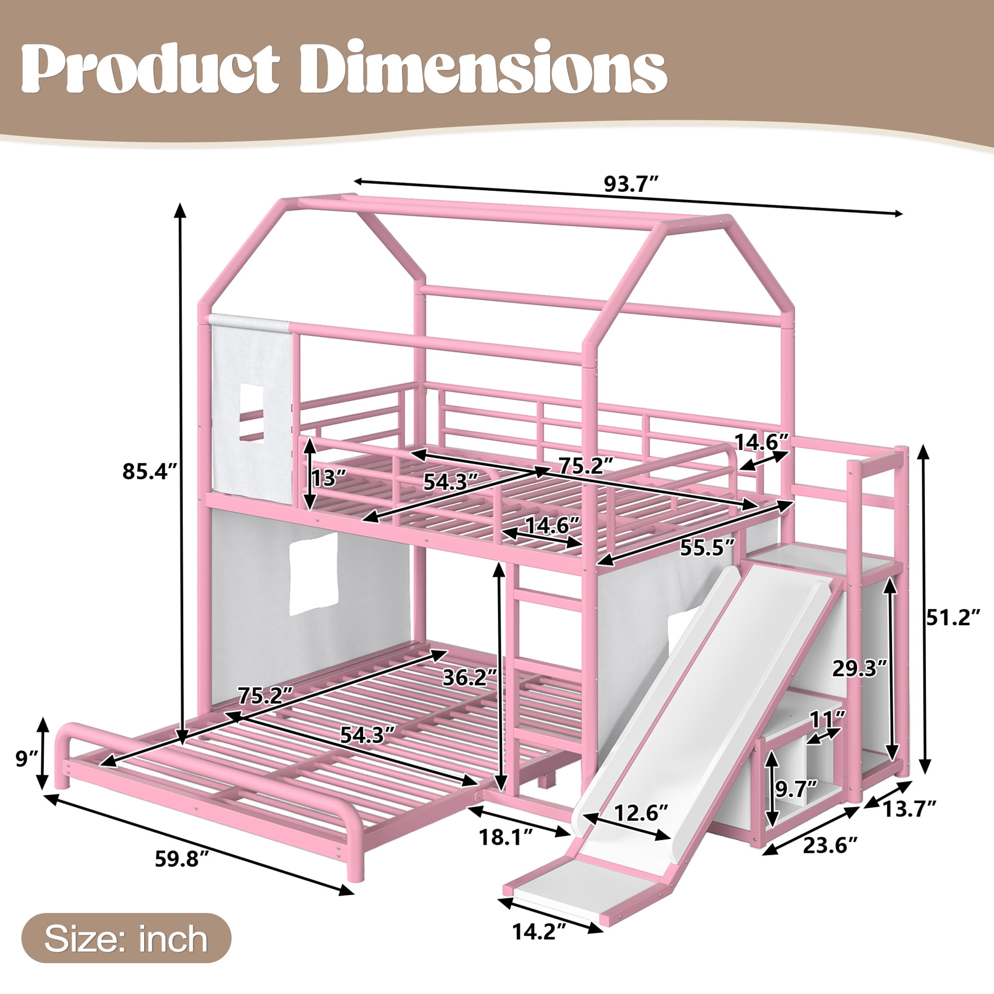 Leumius Full over Full Playhouse Metal Bunk Bed with Slide & Ladder, House Shaped Bunk Bed with LED Light Strip, Privacy Curtain, Movable Storage Cabinet and Hanging Rod for Bedroom Pink