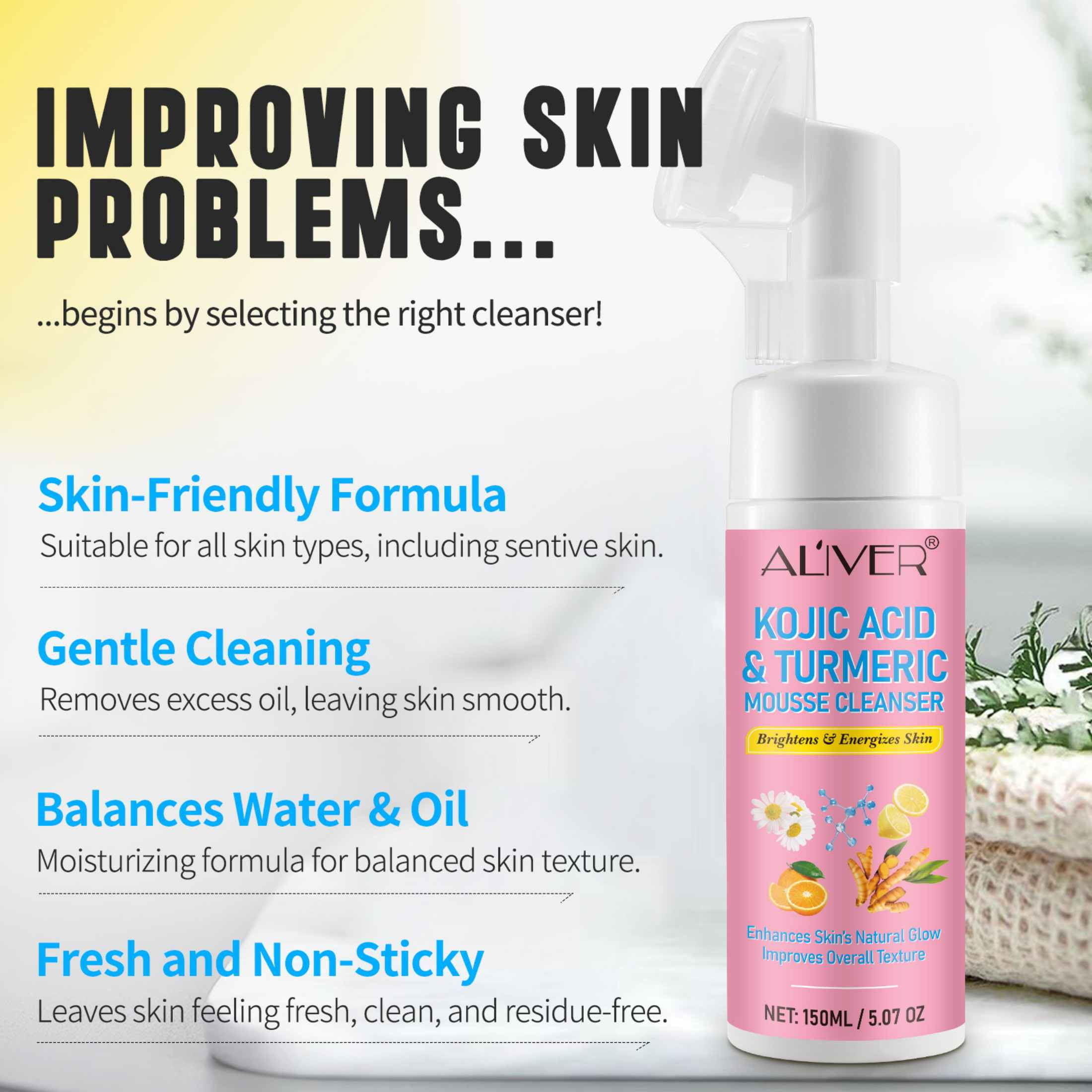 Aliver 3-Pack Turmeric Kojic Acid Foaming Face Cleanser, Deep Cleaning, Moisturizing, Easy to Use, For All Skin Type