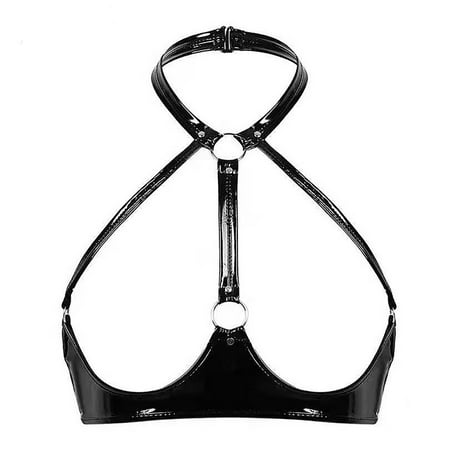 High Gloss Leather Sexy Neck Bra Leather Bra Adjustable Strap Underwear Valentine s Day Bras For Plus Size Women Unlined Mesh Bralette Bras For Women No Padding