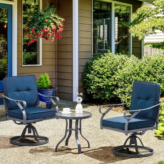 Outsunny 3 Pcs Steel Outdoor Bistro Sets with Cushions and 1 Tempered Glass Table, Gray/Blue