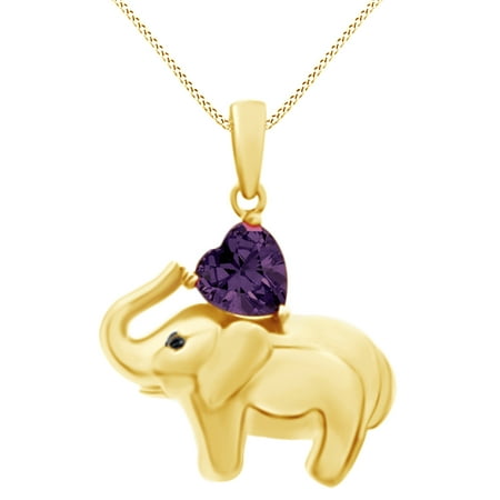 Amethyst Elephant - Valentine's Day Elephant Pendant Necklace Heart Shaped Simulated Amethyst CZ 14K Yellow Gold Over Sterling Silver
