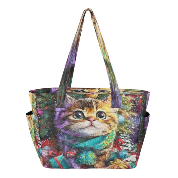 Quilted Tote Bag Large Capacity Multi-Compartment Handbag Lightweight Structured Shoulder Bag Versatile Casual Bag Christmas Decoration Lovely Kitten