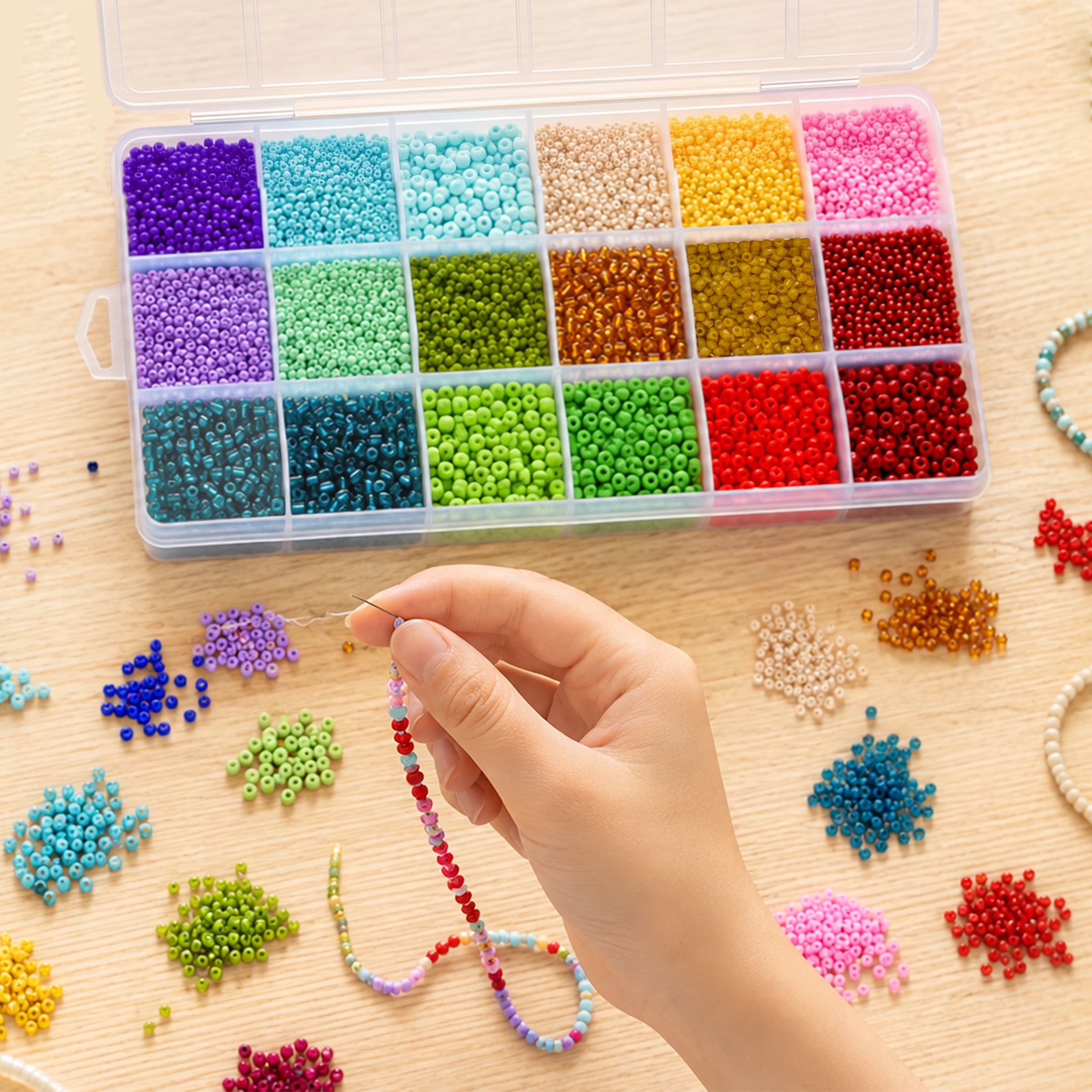 GARITIN Glass Seed Beads Kit 10000Pcs, 18 Colors 2mm Small Beads & 4mm Tube Beads with Storage Box, DIY Craft Beads for Jewelry Bracelet Making, Necklaces, Earrings