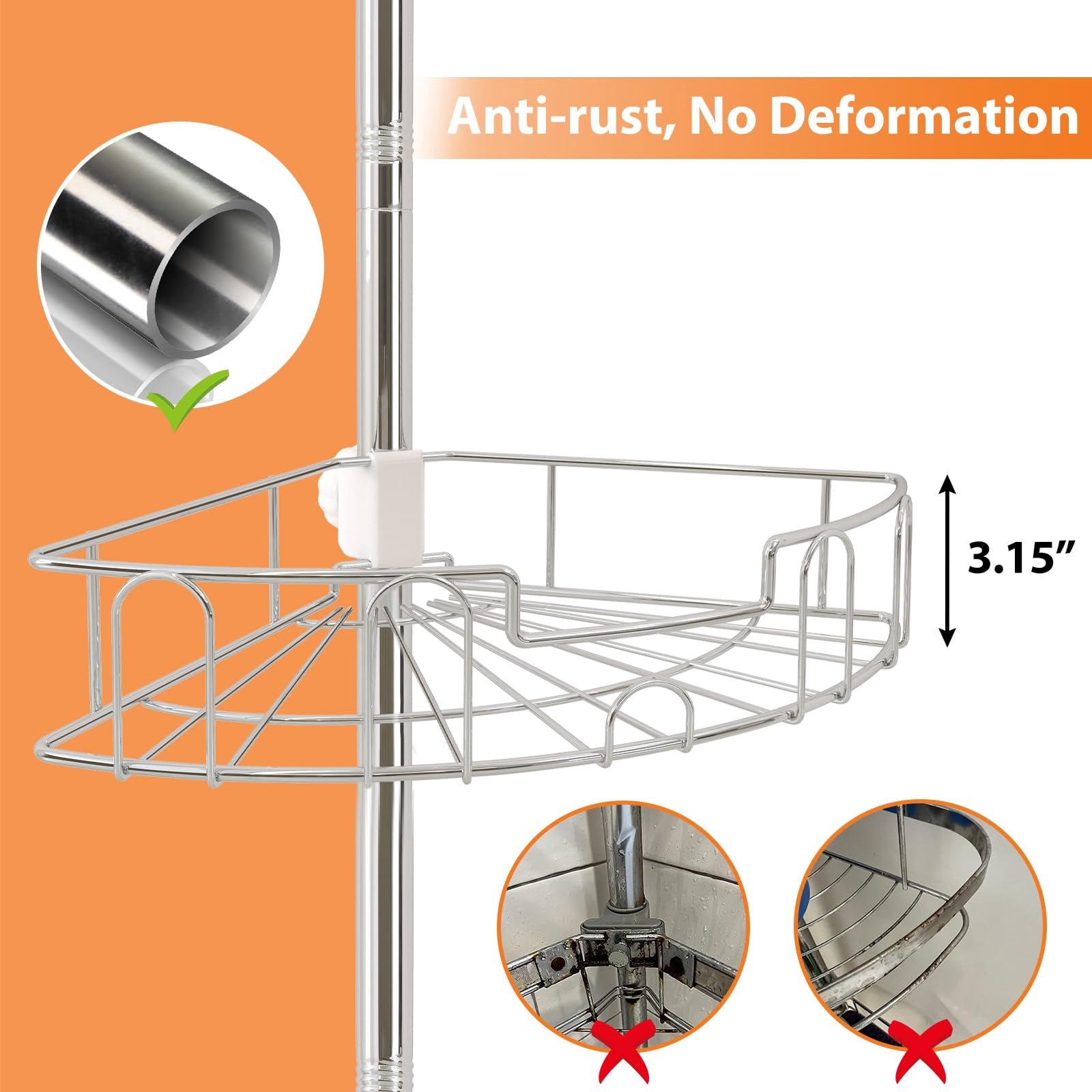 LAIDER HEROS Tension Shower Caddy, Stainless Steel Bath Caddy for Shower with 4 Adjustable Baskets, 39-125" Corner Shower Caddy with Tension Pole, Sliver