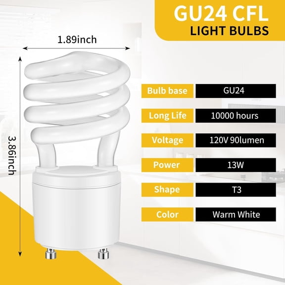 YNTVV-4 Pcs 13W 120v 60Hz GU24 CFL LED Light Bulbs 2 Prong Base T3 3500K 900lm Warm White Fluorescent Light Spiral Compact Fluorescent Bulbs