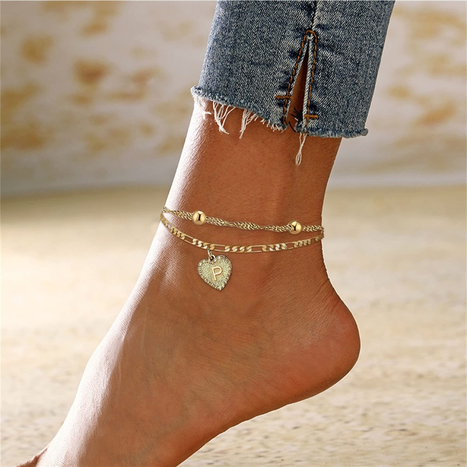 Kiplyki Heart Initial Beach Bracelets For Women 26 Letters Double Layer Anklet Anklet Bracelets Beach Jewelry
