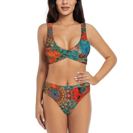 Zeuib Mandala Colorful High Waisted Tummy Control Bikini Set - Knot Front Push Up Top & Cheeky Thong Bottom  Two-Piece Swimsuit for Women-X-Large