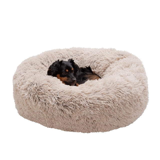 Cama Donut Peluche Furhaven Taupe con Cubierta Removible para Perro Mediano