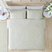 Collections Etc Luxurious Medallion Chenille Fringe Border Bedspread Ivory - Queen