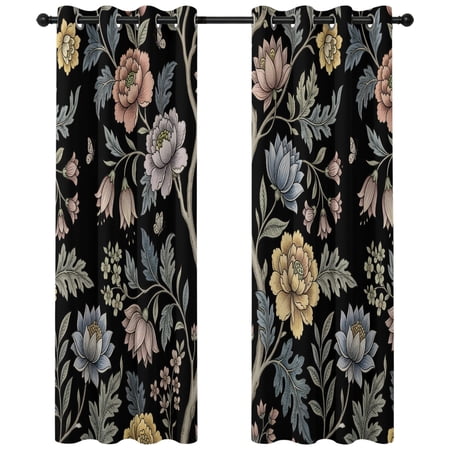 Yellow Blue Red Flower Blackout Curtains 84 Inches Long Vintage Rustic Black Floral Buds Green Leaf Thermal Insulated Room Darkening Drapes with Grommets for Living Room 52 W x 84 L 2 Panels