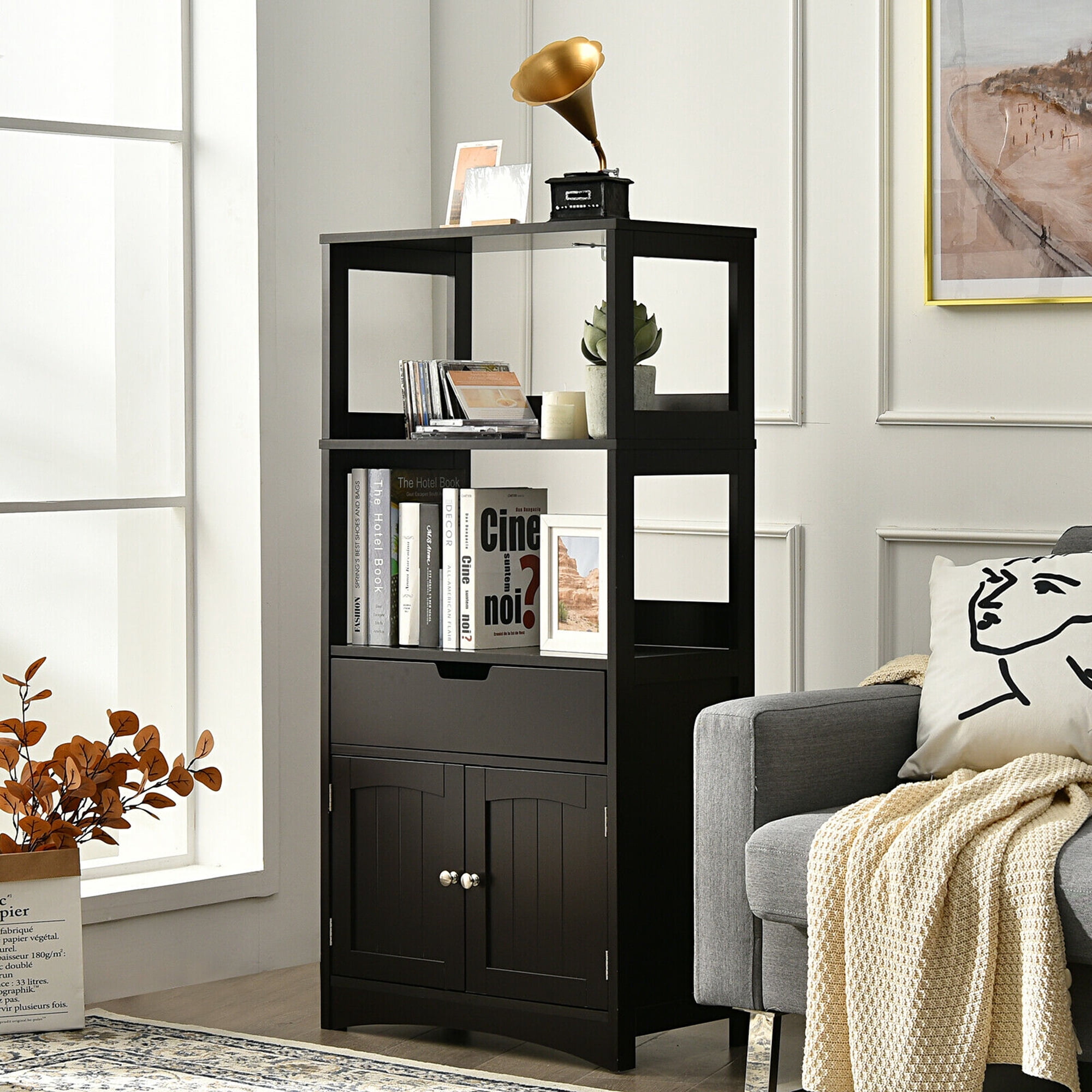 Gymax Bathroom Storage Cabinet Shelf Cupboard Floor Cabinet w/Drawer Espresso