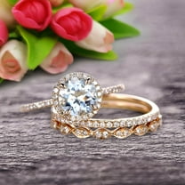 6mm Round Cut 2.75 Carat Aquamarine Trio Ring Set Thin Stacking Matching Wedding Band 10k Yellow Gold Art Deco