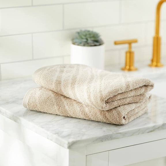 Violet Linen Hand Towels Set of 2, Plush Zebra Stripe Pattern, 100% Terry Plush 600 GSM Cotton Super Soft Highly Absorbent Jacquard Fashion Towel, 20 Inch X 30 Inch, Rectangular, Taupe, Hand Towels
