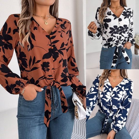 COMVALUE Womens V Neck Tie Front Knot Long Sleeve Fit Floral Blouses Office Business Shirt (Blue, S)