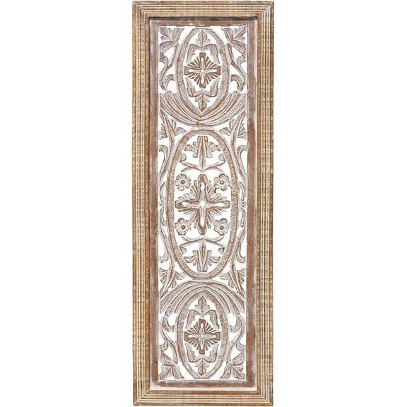 ANHXN BM01908 Rectangular Mango Wood Wall Panel Hand Crafted with Intricate Carving, White and Brown