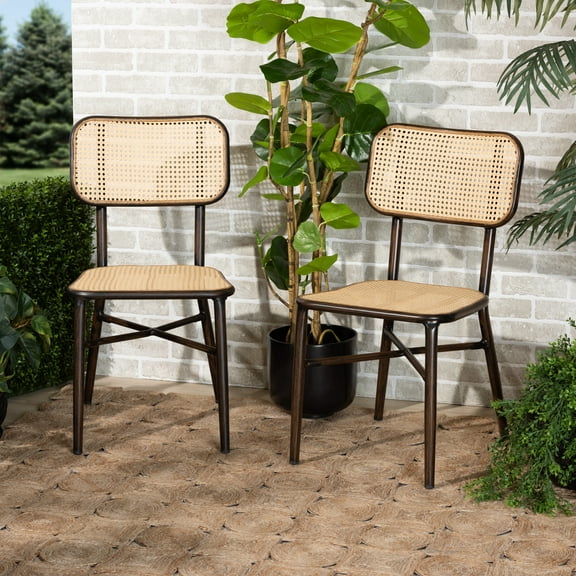 Baxton Studio Katina Mid-Century Modern Dark Brown Finished Metal and Synthetic Rattan 2-Piece Outdoor Dining Chair Set