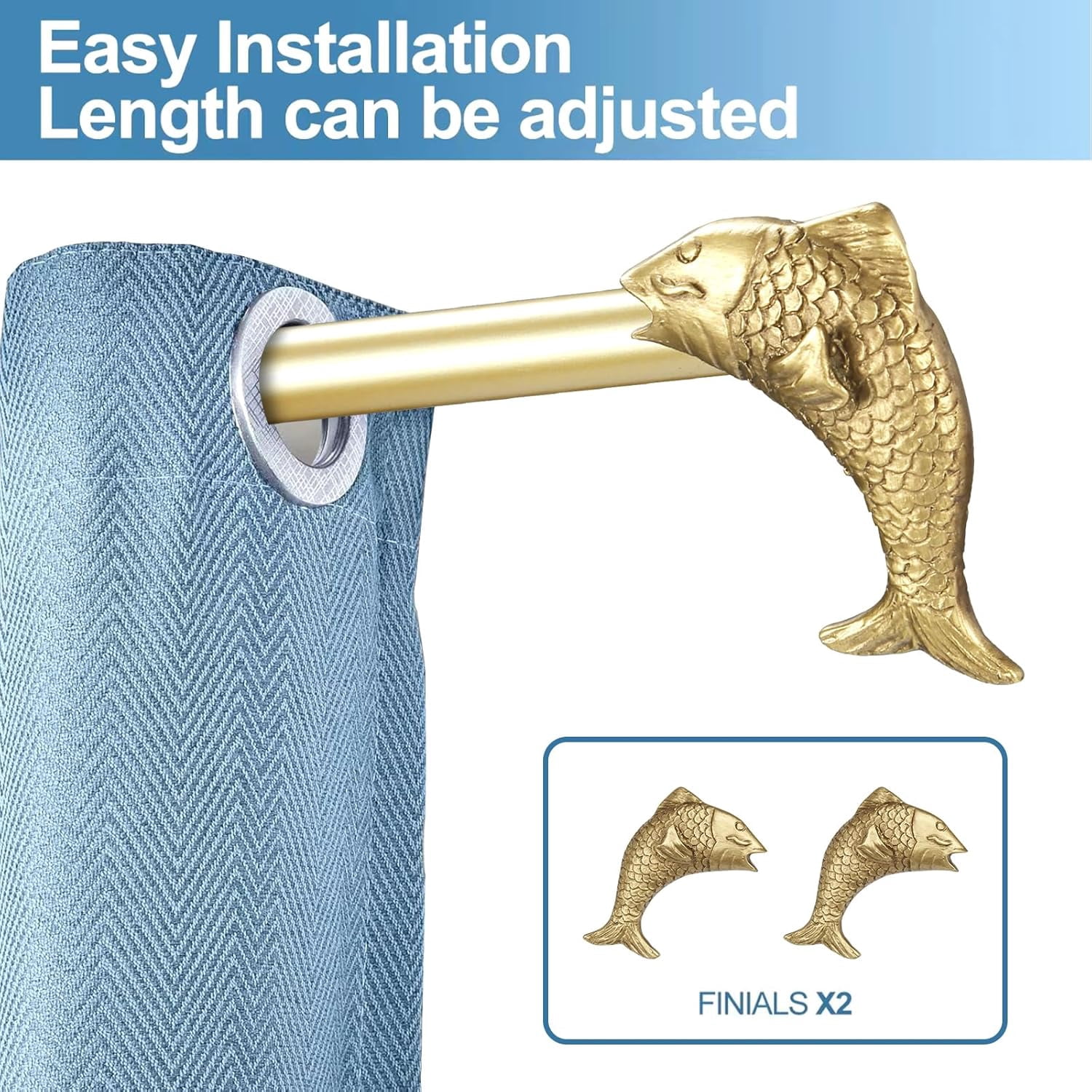 Urbanest Adjustable Single Curtain Rod Set Fish Finials – 3/4 - Inch Diameter, With Renaissance Gold Rod, 48–84 Inches