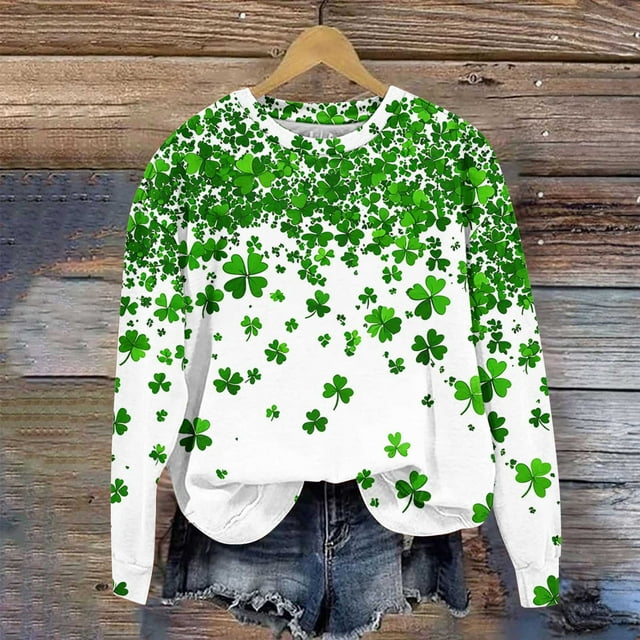 Xuyuer St. Patrick's Day Round Neck Sweatshirt for Women Lucky Shamrock Long Sleeve Shirt Ireland Gift Clover Print Fit Casual Pullover Fashion Loose Tops