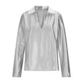 thumbnail image 5 of Womens Satin Blouse Deep V Neck Long Sleeve Tops Turn Down Collar Shirt Solid Color Dressy Casual Blouses Camisa Elegante Para Mujer, 5 of 9
