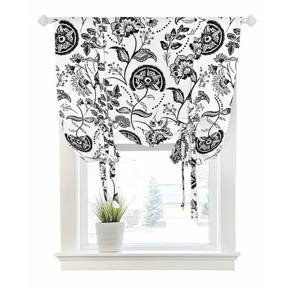 Boho Black Floral Tie Up Curtains for Window, Thermal Insulated Balloon Shade Adjustable Rod Pocket Curtains Valance Panels for Kitchen Bathroom Cafe 42 x 45 Vintage Farmhouse Paisley Plant Leaf
