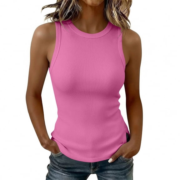 GUACER Summer Tank Tops for Women Crew Neck Ribbed Knit Slim Fit Sleeveless Casual Basic Cami Tops