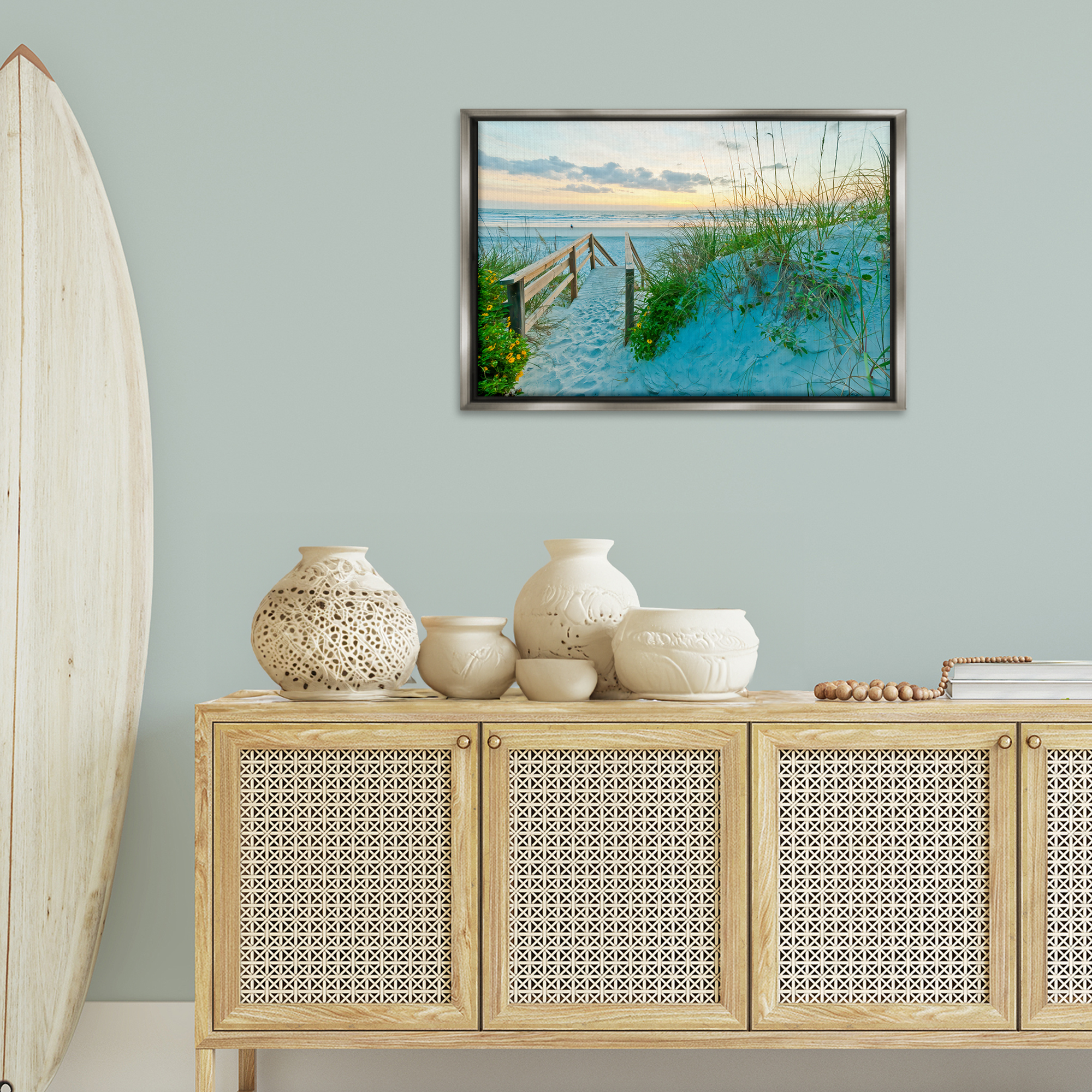 Stupell Industries Sandy Coast Footprints Nautical & Beach Photography Gray Floater Framed Canvas Art Print Wall Art, 31 x 21