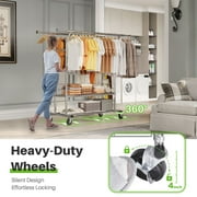 HOKEEPER 670lbs Heavy Duty Double Clothing Garment Rack with Shelves and Metal Basket Clothing Racks on Wheels Rolling Clothes Rack for Hanging Clothes Commercial Grade
