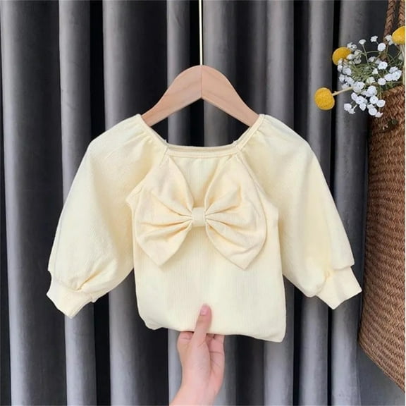 Dyfzdhu Kids Toddler Infant Baby Girls Solid Bowknot Long Ruffled Sleeve Blouse Tops