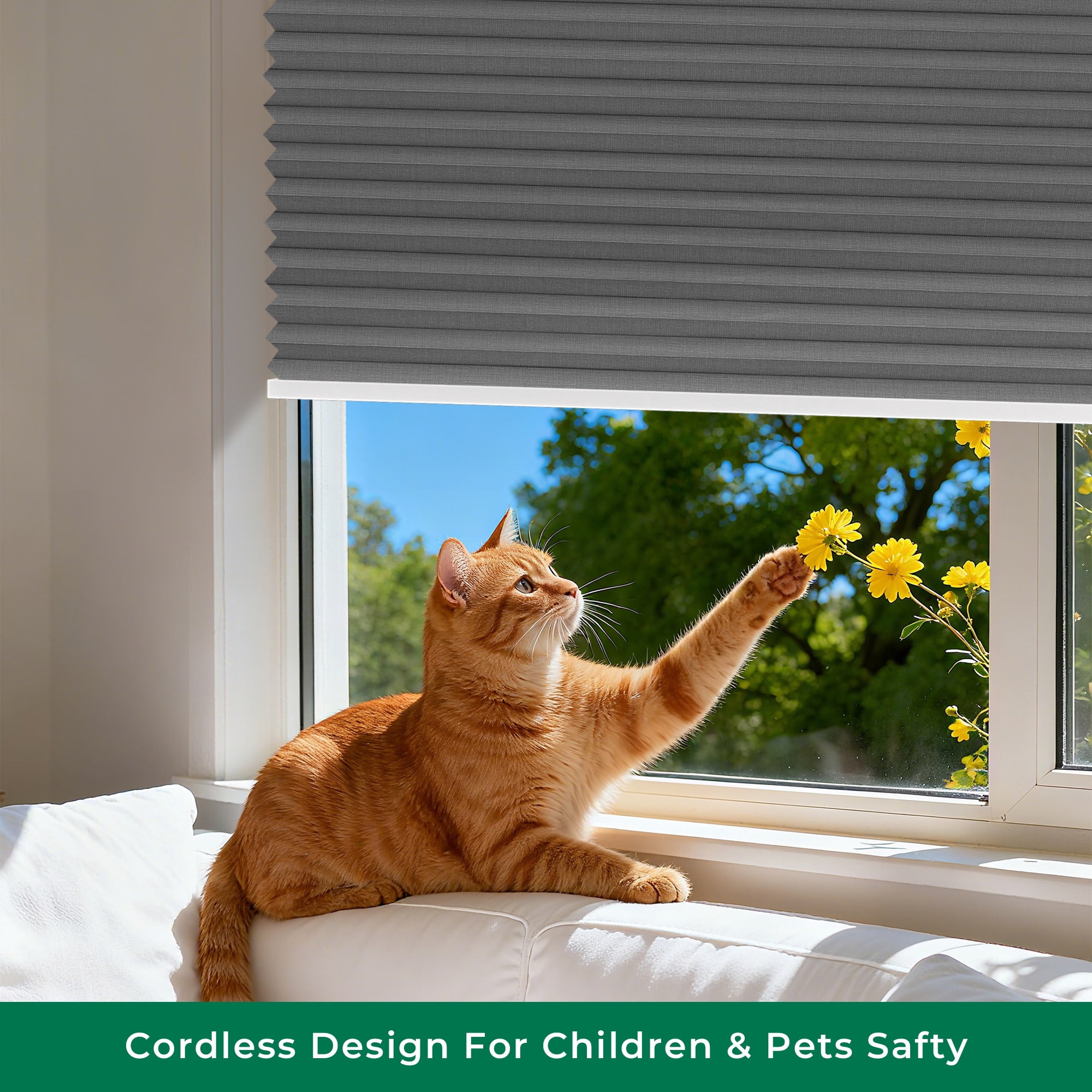 Allesin No Drill Motorized Cellular Shades Quiet Motor 45dB Smart Honeycomb Blinds with App and Voice Control Rechargeable Solar Option Aluminum Rails(45" W x 64" H, 100% Blackout Volcanic Gray)