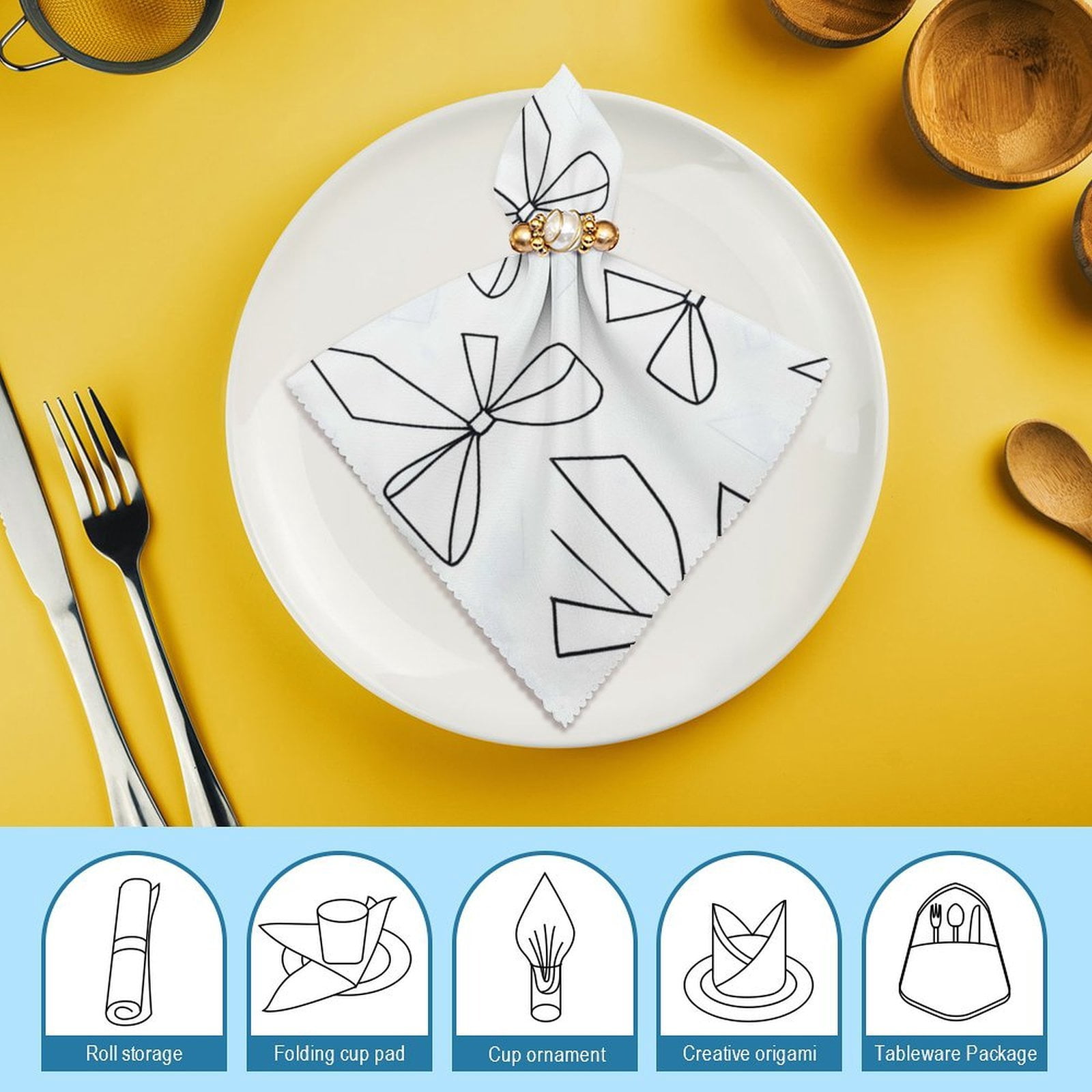 4 PCS Napkin Cloth 18.7in A Wide Range Of Uses Not Fade Not Ball For Hotel Family Banquet Home Modern Minimalist Thin Black And White Ribbon Bow Pattern
