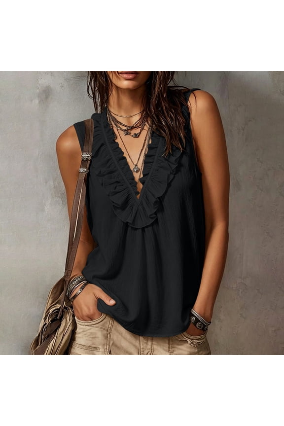 Women's Wave Neck Sleeveless Top Women's Summer Solid Color Ruffled Wave Neck Sleeveless Top Black M