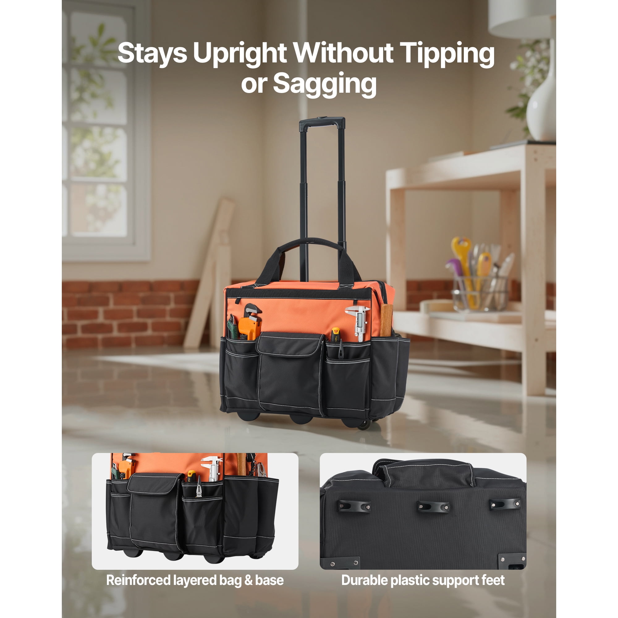 KFFKFF Rolling Tool Bag with 110 lbs Capacity, 27 Pockets, Durable Design with Wheels, Adjustable Handle and Stable Base, Ideal for Construction and Mechanic Tool Organization