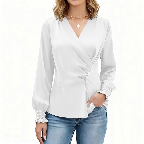 Ounisa Womens Business Casual Blouses Dressy Work Tops Fall Fashion 2025 V Neck Pleated Long Sleeve Shirts