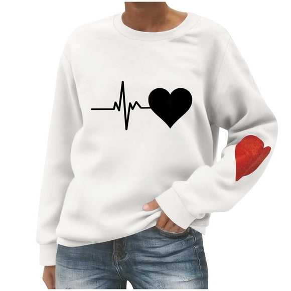 bbymog Fashion Women's Print Casual Long Sleeve Round Neck Ladies Loose Sweatshirt Tops Blouse White-2 XL