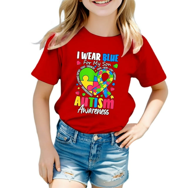 T-Shirts pour Filles Décontracté Coton Tee Été Col Rond Manches Courtes Coupe Ample Graphique Imprimé Confort Chemises Enfant Blouses Tops 5-6 T