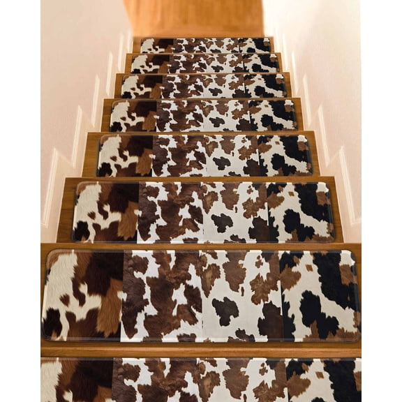 Stair Treads for Wooden Steps, Cow Patterned Peel and Stick Stair Treads with Adhesive, Vintage Farmhouse Abstract Country Western Non Slip Indoor Stairs Runner Rugs Mats for Elders Dogs 8"x30"4PCS