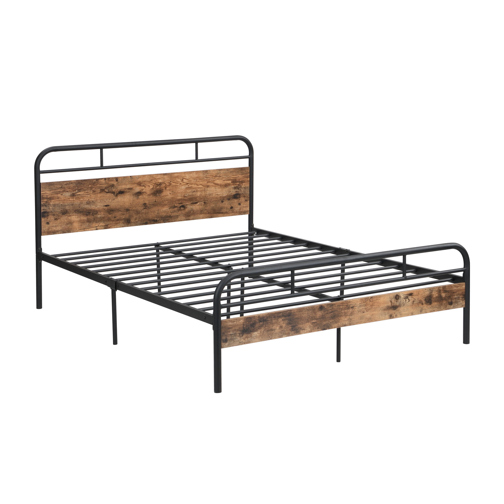 Folding Portable Low Profile Brown Steel Metal Queen Size Bed Frame With Slats 