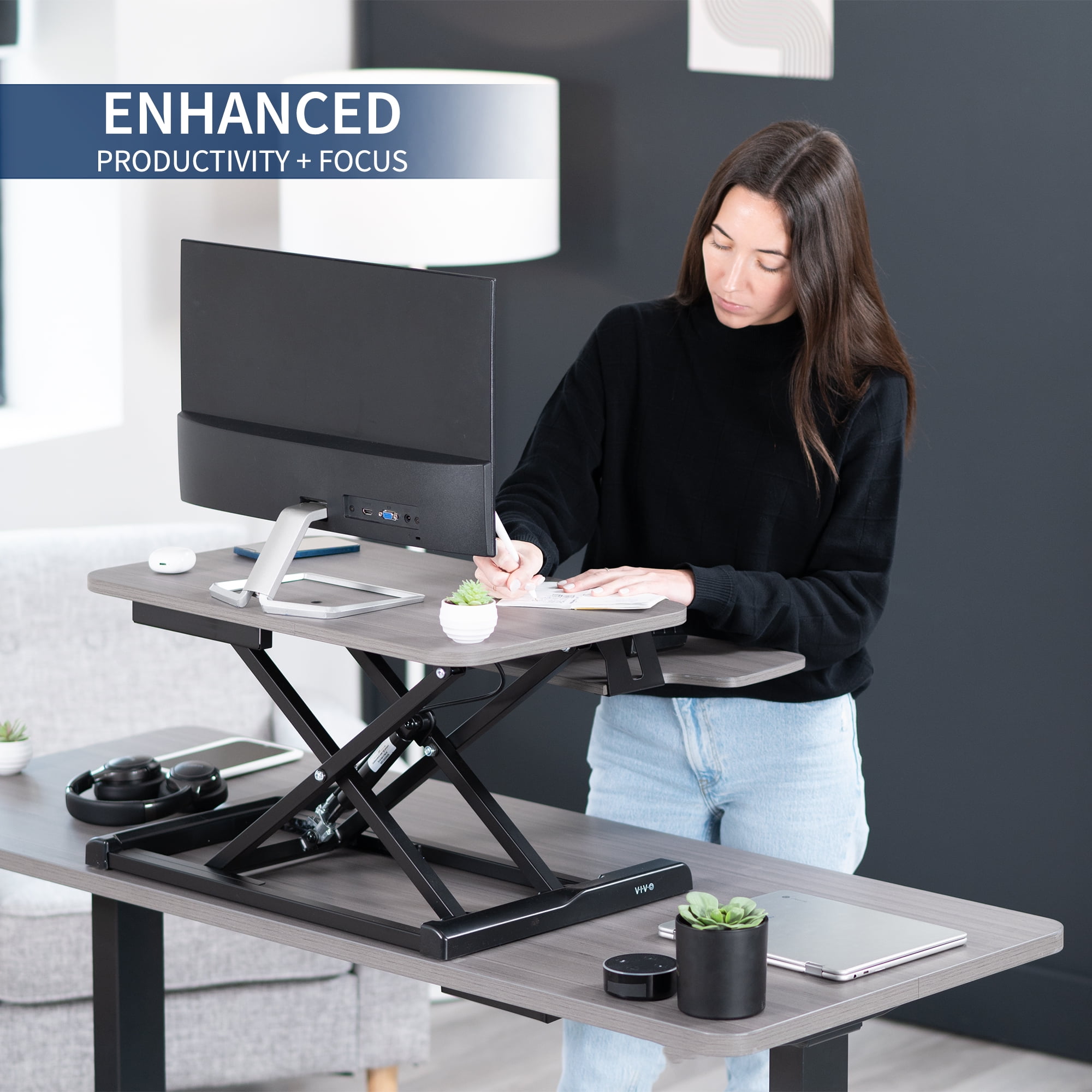 VIVO Gray 26" Height Adjustable Standing Desk Monitor Riser, Black Frame