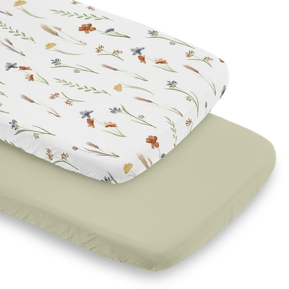 Sweet Jojo Designs Watercolor Floral Garden Green Orange and Beige Baby Bassinet Fitted Sheets 2 Piece Set