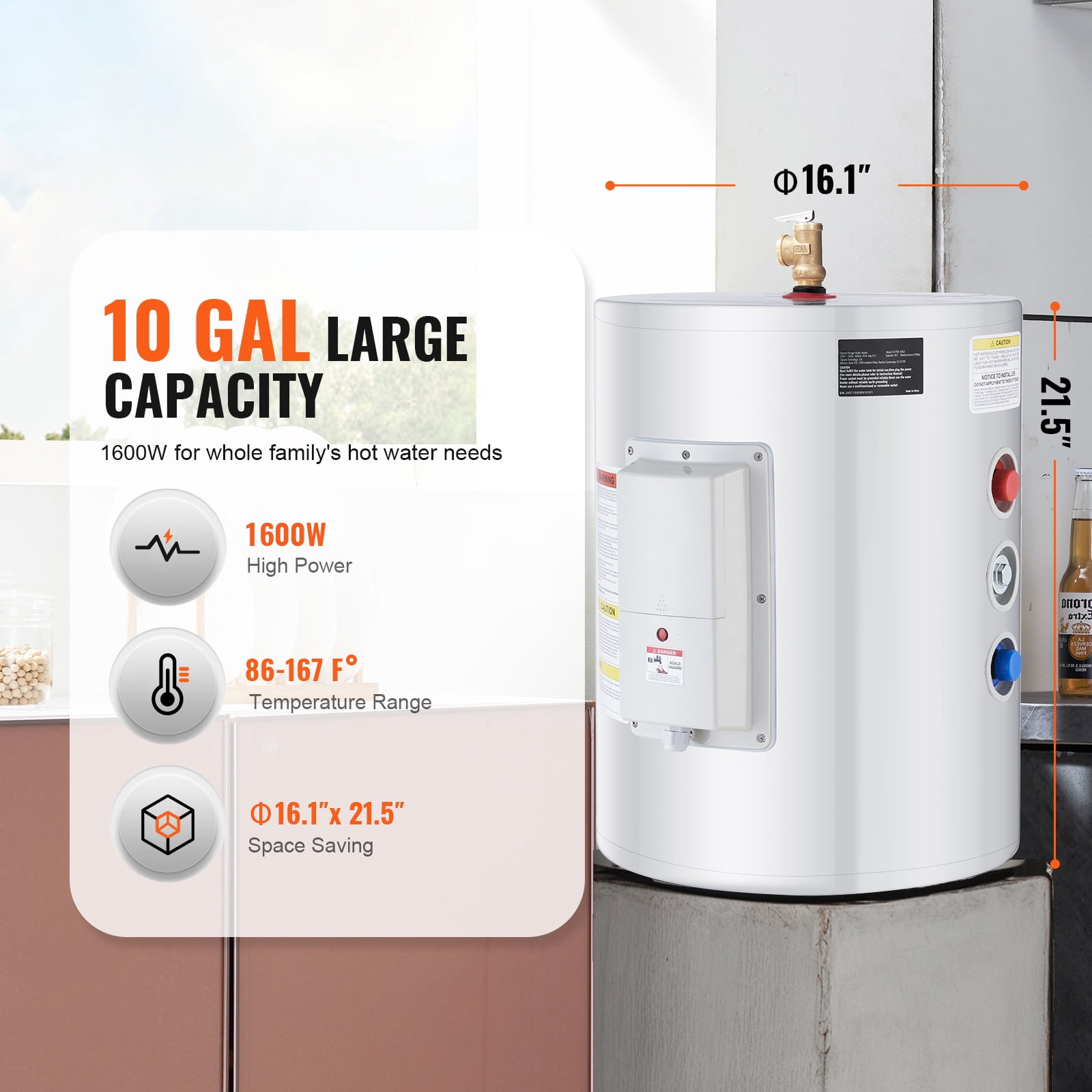 KFFKFF 10-Gallon Electric Tank Water Heater, 1.6kW Point-of-Use Hot Water System with LED Heating Indicator, Knob Control, 120V Storage Design, T&P Valve for Small Spaces, RVs