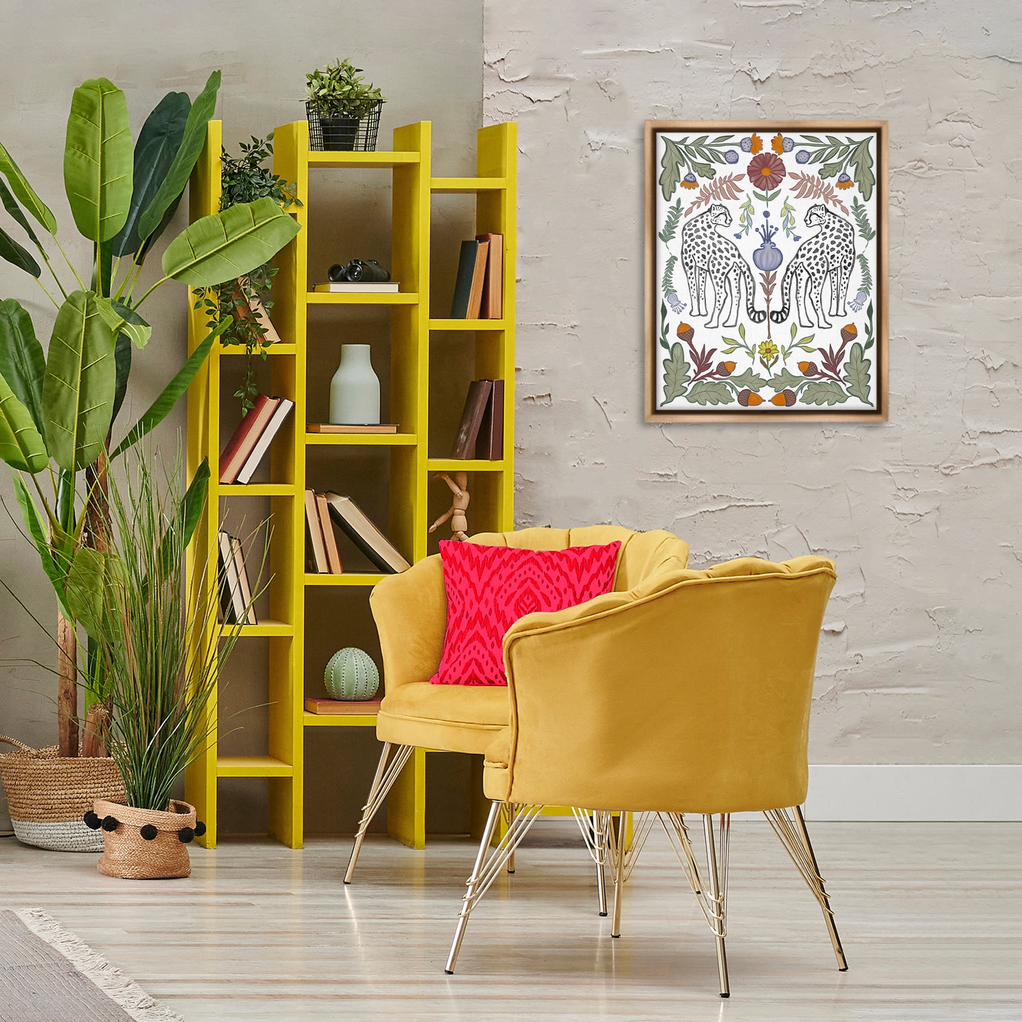 Stupell Industries Mirrored Plants with Leopards Animals Painting Brown Floater Framed Canvas Art Print Wall Art, 17 x 21