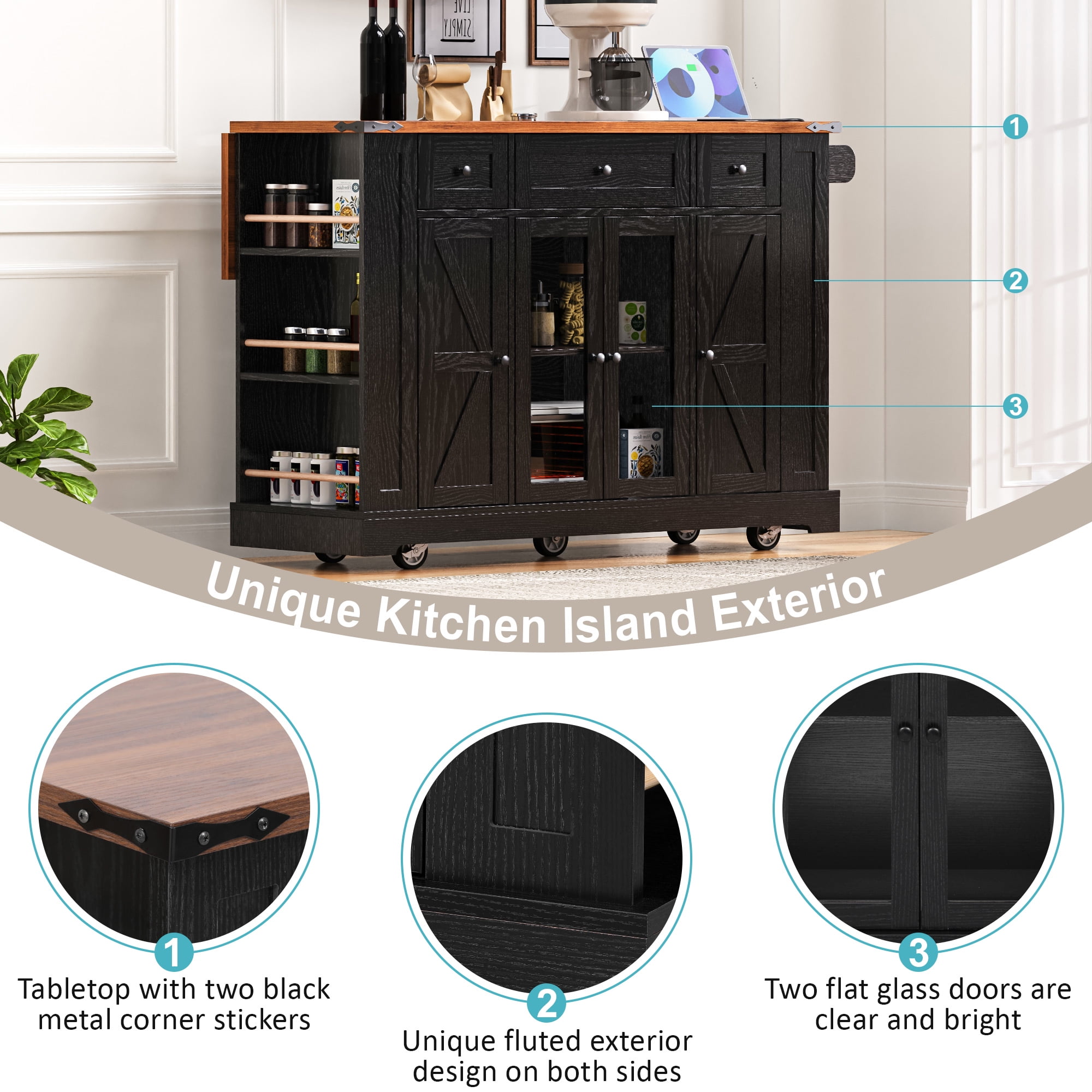 53" Farmhouse Kitchen Island with Tempered Glass Doors, Power Outlets, Drop-Leaf Tabletop, 5 Open Side Shelves & 3 Drawers, Rolling Kitchen Cart for Dining Room, Black