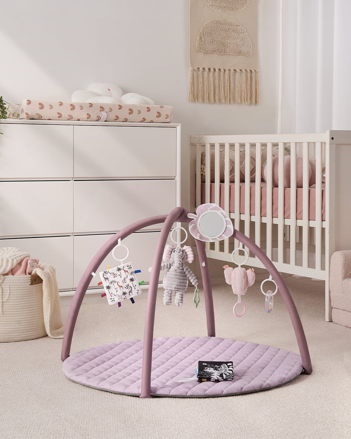 Blissful Diary Baby Play Gym Activity Mat, Tummy Time Mat Play Mat with 6 Sensory Toys for Motor Skill Development, Newborn Infant Baby Essentials Gift for Girls, Lilac Pink