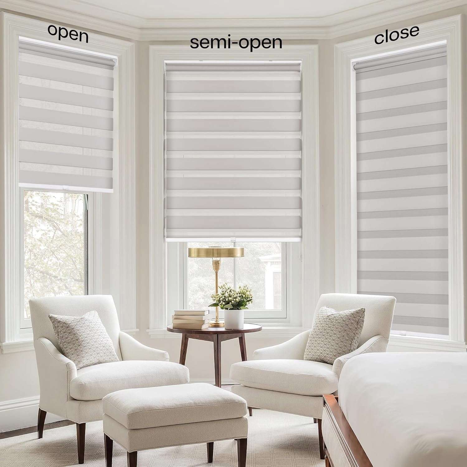 LazBlinds No Tools No Drill Cordless Zebra Blinds for Windows, Dual Layer Light Control for Day and Night, Light Filtering Privacy Roller Blinds and Shades for Home, 44" W x 72" H, Stone Grey