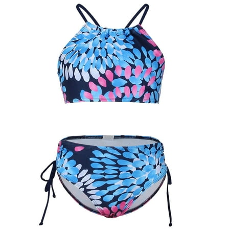 BOBOGOJP Toddler Baby Girls Swimsuits Kids Floral Print 2 Piece Bathing Suit Halter Top Bikini Bottoms Swimming Suit (Navy 8 Years)
