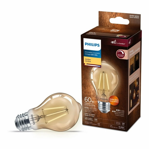 PHILIPS 4.5W (40W) A19 Medium Base Amber Dimmable Vintage LED Light Bulb