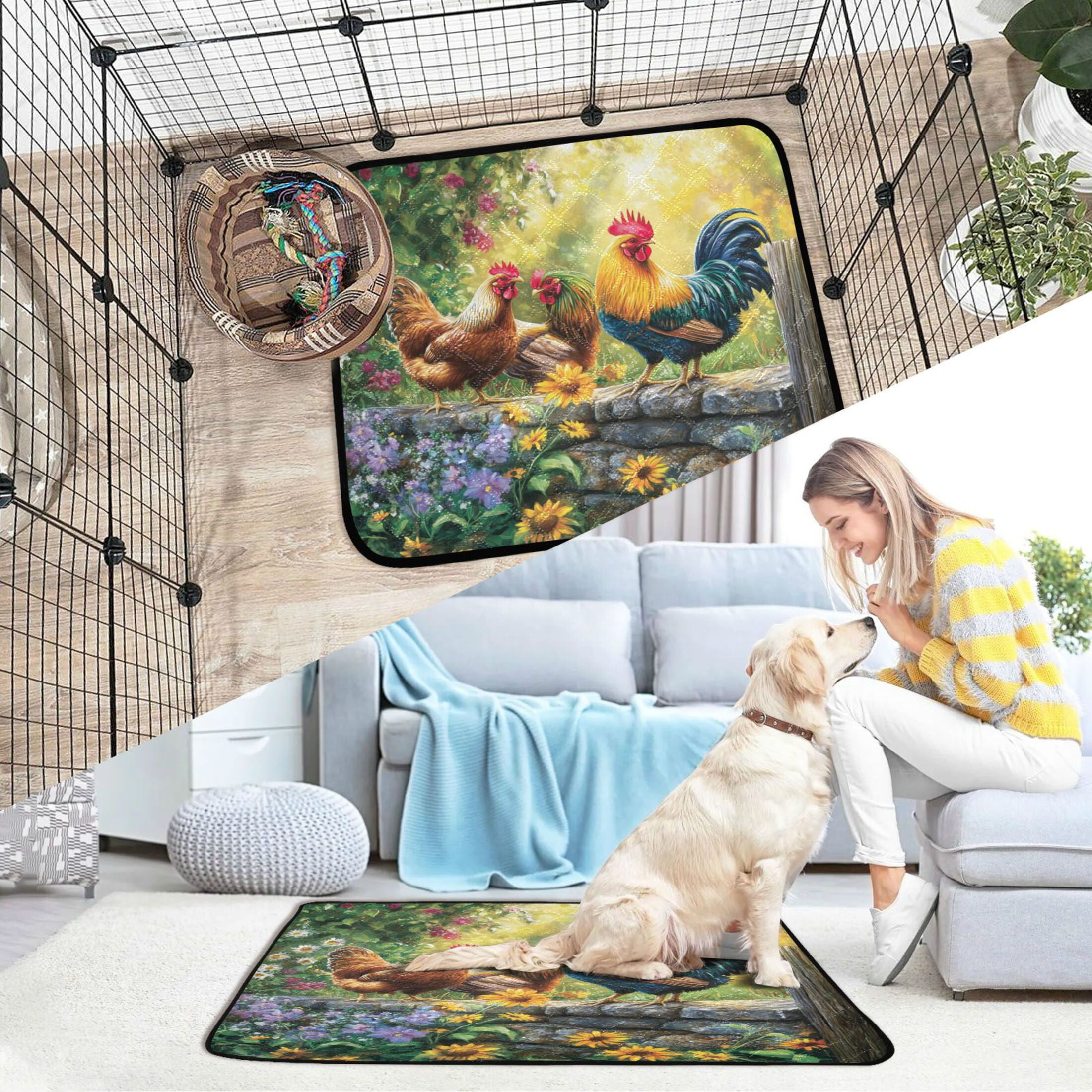 Qxltty Beautiful Rooster Cat litter Pads Pet Set of 3 Diaper Mats Center Anti-leakage Layer Absorbent Soft and Comfortable