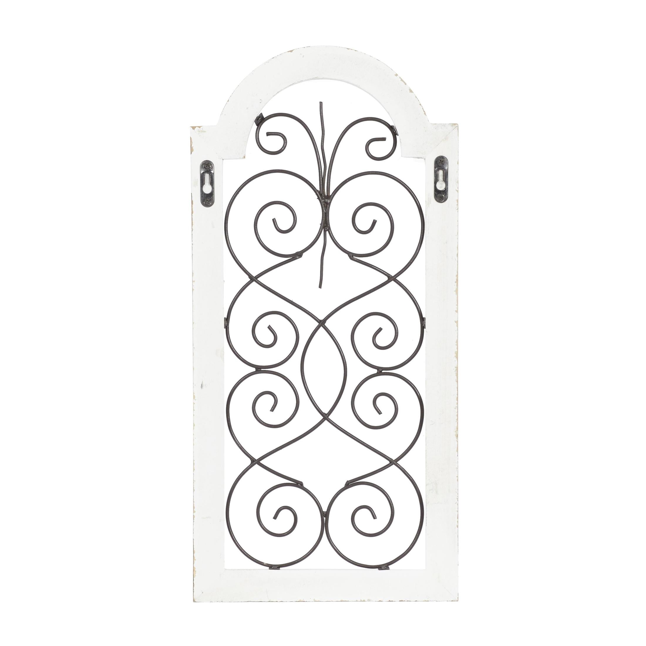 DecMode White Wood Arched Window Inspired Scroll Wall Decor with Metal Scrollwork Relief