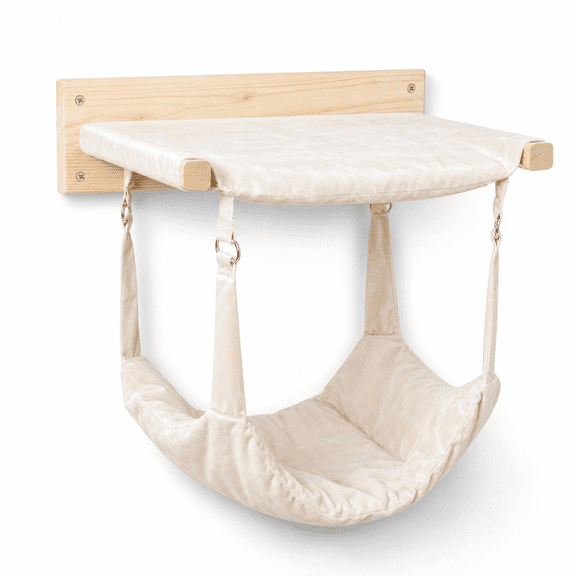 Beige Wooden Wall Mounted Cat Hammock Multi-function Bed for Sleep Play Climb